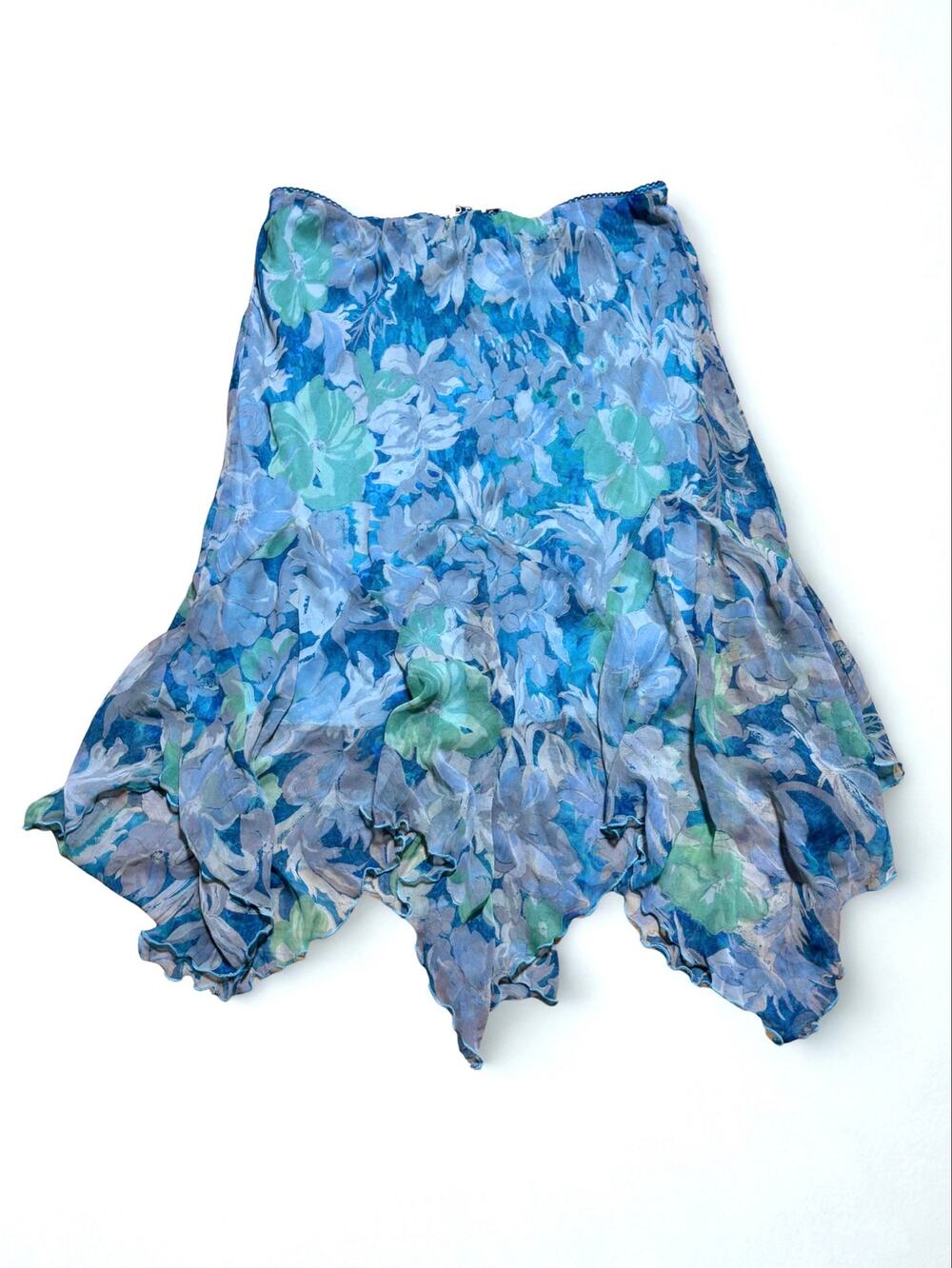 Vtg 90s Ultimate Design Blue Turquoise Floral Print Fairycore Midi Skirt Size M